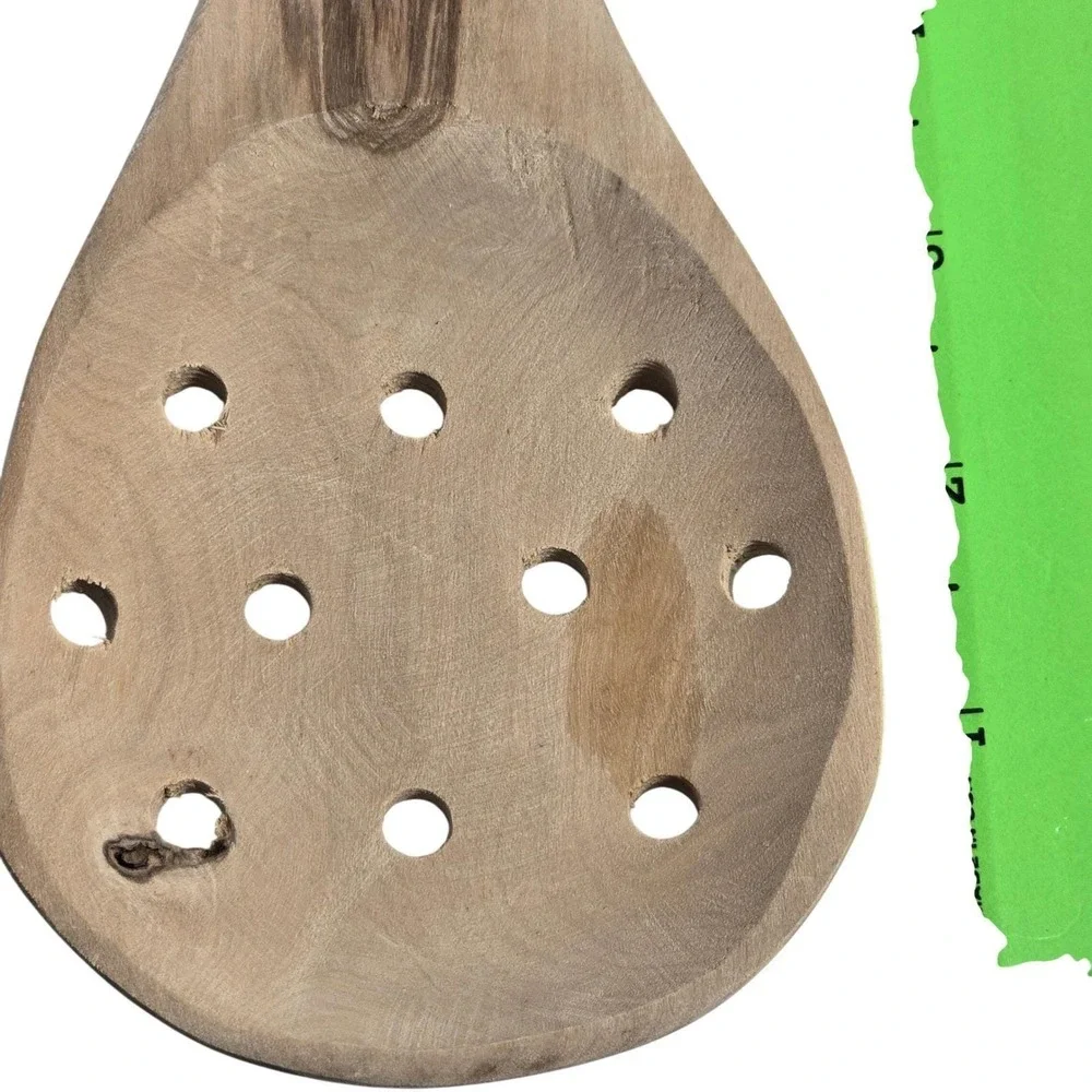 Handcrafted Olive Wood Slotted Spoon Rustic Wooden Kitchen Strainer Utensil 12in